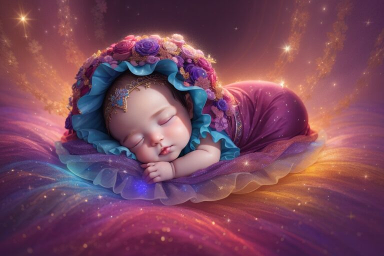 Bebé durmiendo en cuna llena de estrellas y luces.