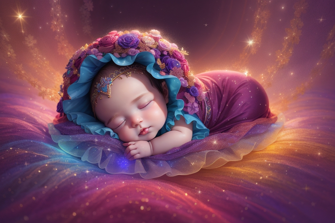 Bebé durmiendo en cuna llena de estrellas y luces.