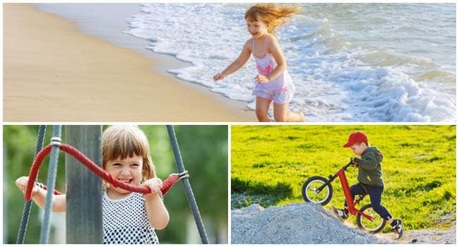 niña corriendo en la playa, niña escalando juegos en el parque, niño en bicicleta Correr, jugar en los juegos del parque, montar bicicleta son ejemplos de habilidades de motricidad gruesa.